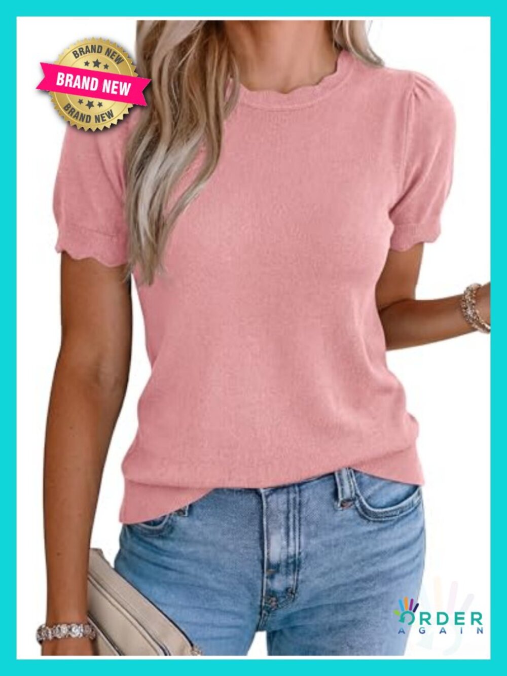 Women's Short Sleeve Scallop Neck Sweater Lightweight Knit Top